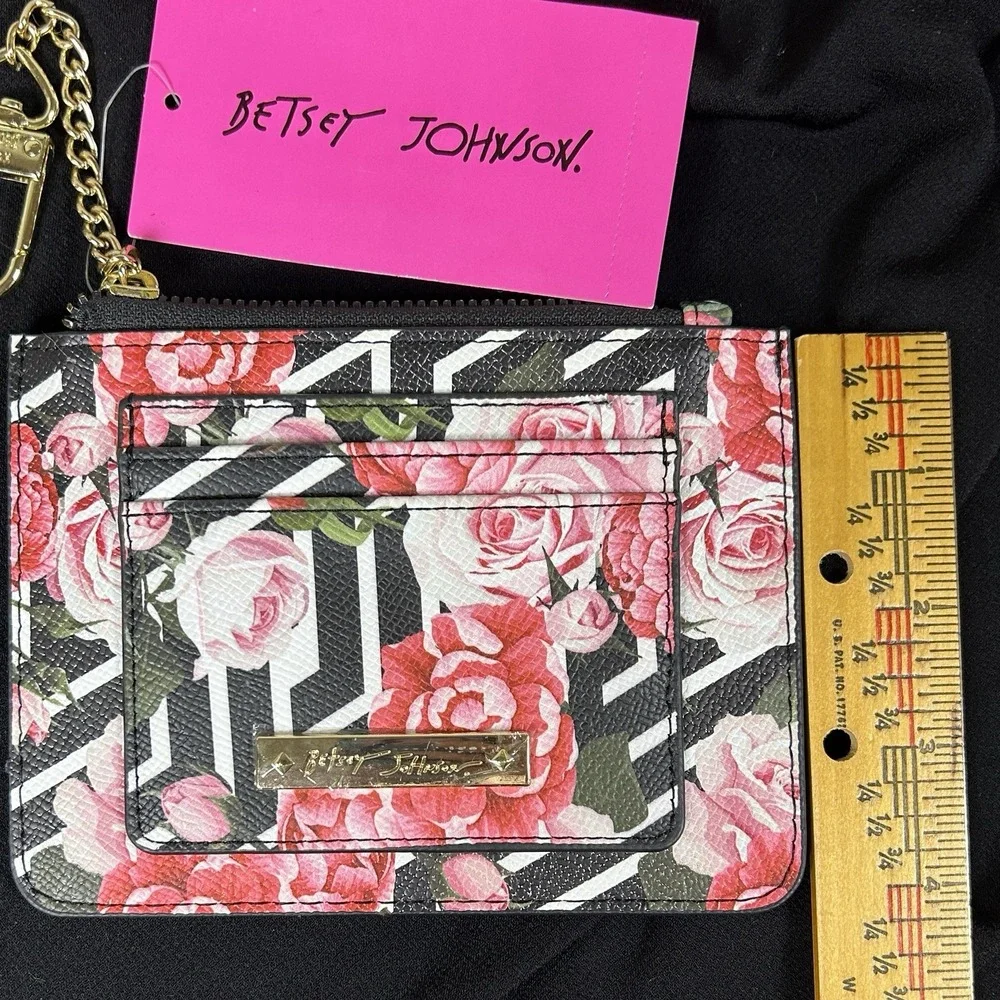 Betsey Johnson New Black White Rose Floral Credit Card Wallet Keychain Clutch